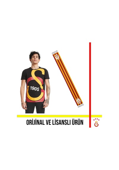 Galatasaray Lisanslı Siyah Büyük Logolu T-shirt Ve Çubuklu Atkı Siyah