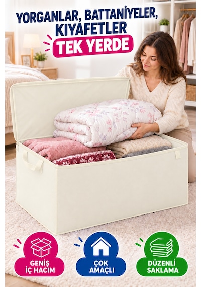 Büyük Hurç 100x50x50 Cm Fermuarlı Kapaklı Taşıma Kulplu Yorgan Battaniye Kıyafet Saklama Kutusu Krem