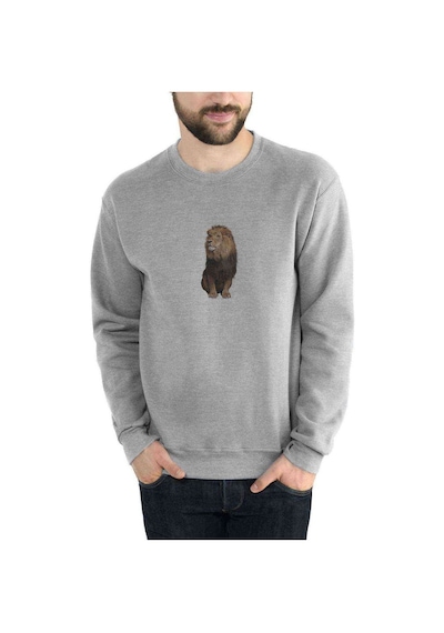 Aslan Baskılı Gri Erkek Örme Sweatshirt (530938622)