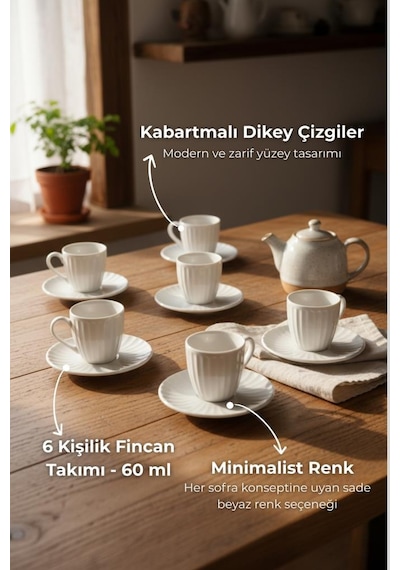 Bambum Karizma - 6 Kişilik Kahve Fincan Takımı Beyaz