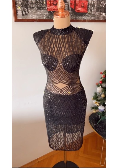 Chica Rosa Fashion Siyah Pullu Vatkalı Chica Elbise Siyah