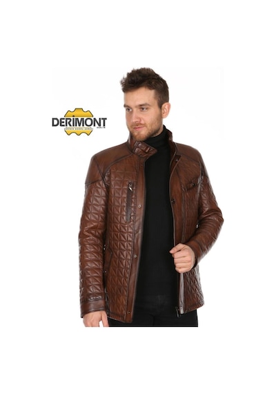 Deriwork Hakiki Kuzu Derisi Kahverengi Erkek Deri Mont İşlemeli Fermuarlı Ceket Kahverengi