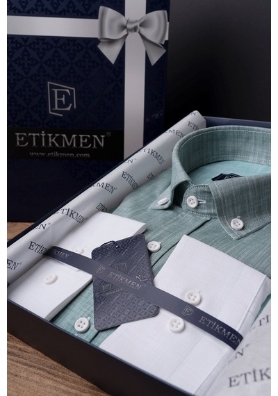 Panolu Yeşil Beyaz Geçişli Slimfit Keten Erkek Gömlek Yeşil