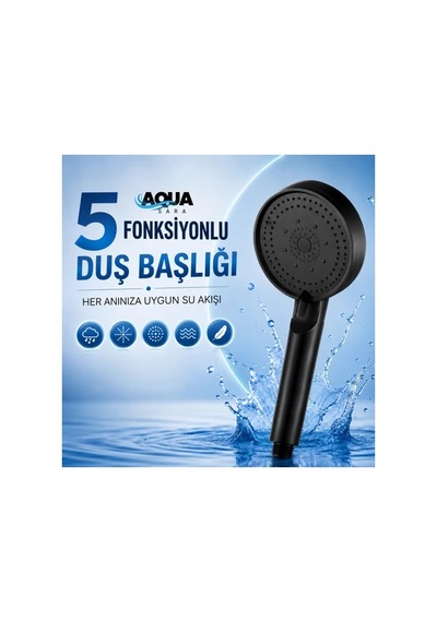 Aqua Sara Siyah 5 Fonksiyonlu Yüksek Basınçlı Ayarlanabilir Duş Başlığı