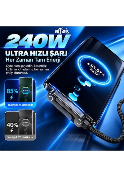 Alfais 6044 Usb Type C Şarj Data Kablosu Standlı Katlanabilir Örgülü Hızlı 240w 2 Metre