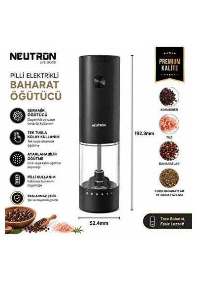 Nettec Ntl-pg-33d Pilli Tuz Ve Baharat Öğütücü Değirmen Tekli İki Adet Siyah