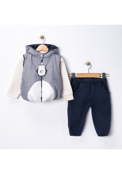 Harika Kids Erkek Bebek 3 Lü Takım 9-24 Ay Şişme Yelek %100 Pamuk Sweatshirt Kadife Pantolon Lacivert
