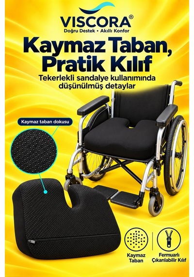 Tekerlekli Sandalye Minderi Visco U Şekilli Kuyruk Sokumu Destekli Kaymaz Oturma Minderi Siyah