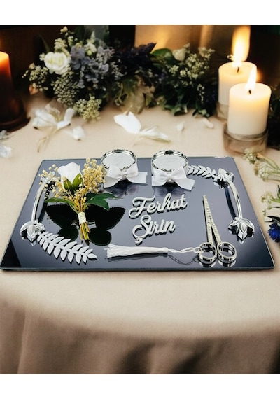 Elegance Gümüş Yapraklı Söz Nişan Tepsisi Siyah Siyah