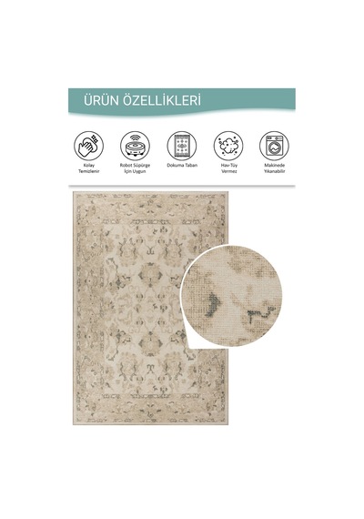 Artloop Relic Bej Vintage Dokulu Klasik Desenli Dokuma Tabanlı Şönil Halı Al 521 Bej - Kumtaşı - Krem