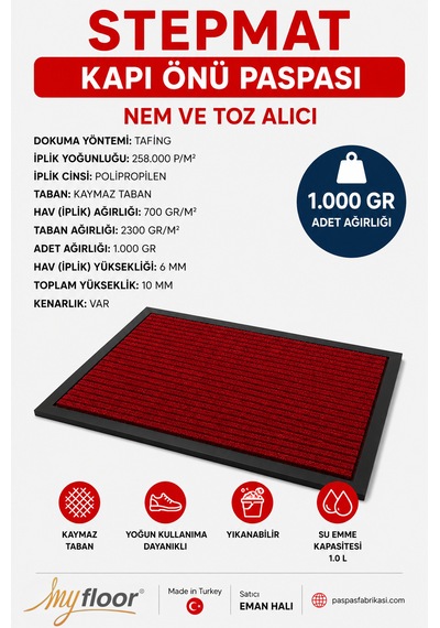 Nem Alıcı Toz Tutucu Çamur Sıyırıcı Pvc Taban Ve Pvc Bordürlü Bordo Meridyen Rip Halılı Kapı Önü Paspası