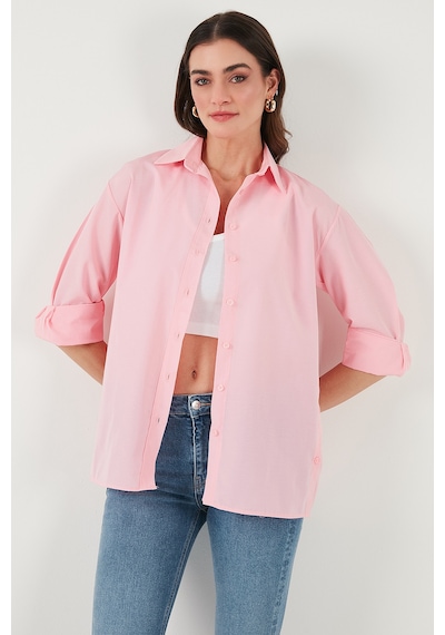 Lela Pamuklu Regular Fit Iliklenebilen Yırtmaç Detaylı Bayan Gömlek 6772920 Şeker Pembe