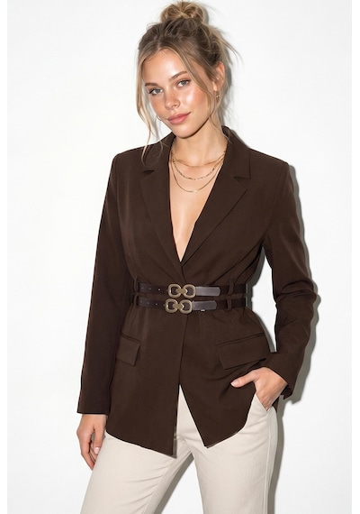 Shade Kadın Astarlı Çift Kemer Detaylı Klasik Blazer Ceket 8151 60286140 - Acı Kahve Kahverengi
