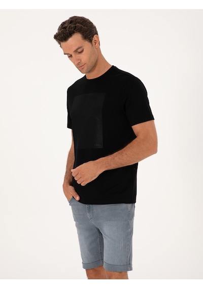 Siyah Regular Fit Baskılı Bisiklet Yaka T-shirt
