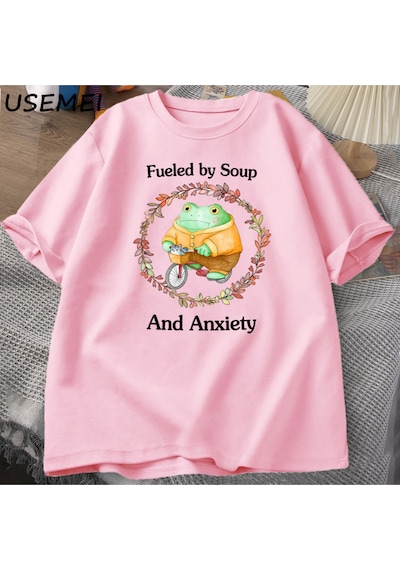 Flood Of Style Çorba Ve Anksiyete T-shirt Komik Kurbağa Grafik Tshirt Pamuk Kısa Kollu T Shirt Unisex Baskıl Pembe
