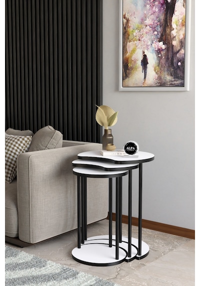 Modern Elma 3 Lü Zigon Sehpa Metal Ayaklı İç İçe Geçmeli Orta Sehpa Takımı Beyaz