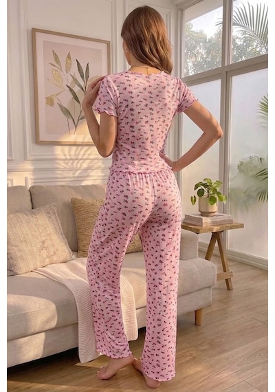 Bella Notte Fiyonk Detaylı Fırfırlı Kısa Kollu Yazlık Pijama Takımı Pembe