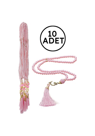 10 Adet 99 Lu İnci Tesbih, Püsküllü, Vav Harfli, Mevlüt Hac Umre Hediyelik - Pembe