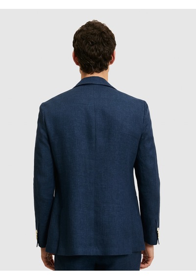 Cacharel Lacivert Slim Fit %100 Keten Mikro Desen Mono Yaka Ceket