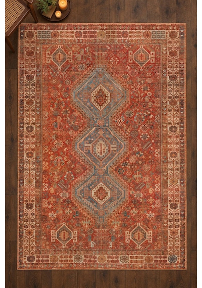 Artloop İstanbul Kırmızı Vintage Desenli Dokuma Tabanlı Şönil Halı Al 628 Kırmızı-vintage