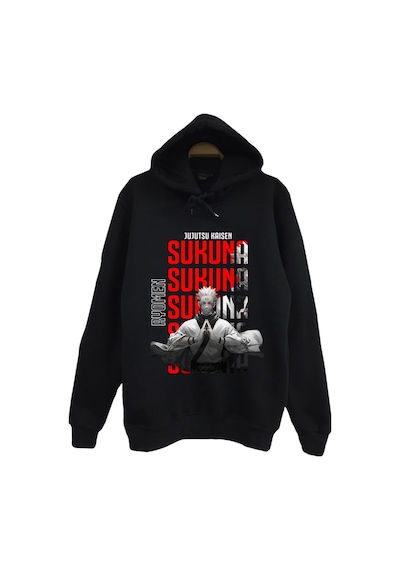 Jujutsu Kaisen - Sukuna - Anime Baskılı Unisex %100 Pamuk Siyah Kapüşonlu Sweatshirt Siyah
