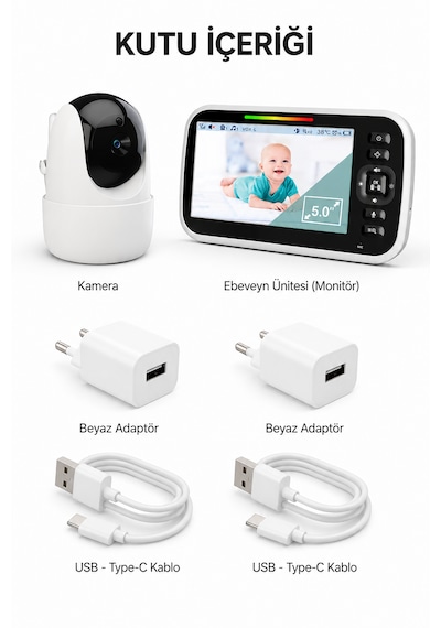 Bebek Kamerası Lcd Ekranlı 5'' İnç Gece Görüşlü Ninni Söyleyen Ağlama Sensörlü Bebek Odası Kamerası
