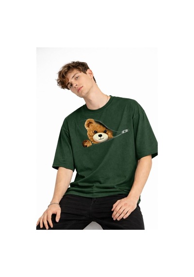 Alemdarshop Mn - Bear Baskılı Oversize Tişört Hakı Haki