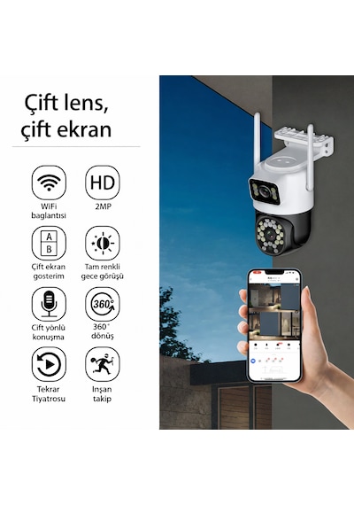 4mp Dual Kamera 360 Wifi Ip Kamera Renkli Gece Görüşlü, İnsan Takipli, Dış Mekan Güvenlik Kamerası