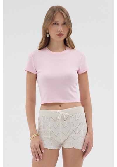 Urbantrendstore Kadın Bisiklet Yaka Likralı Kısa Kol Body Crop Bluz Günlük Şık Sade Yazlık Casual Crop Kadın Crop Pembe