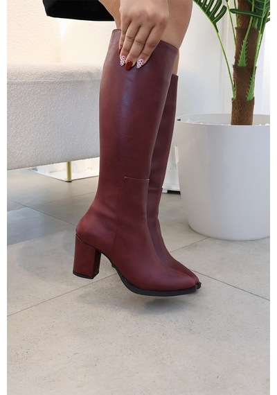 Asmi Shoes Kadın Lamor Bordo 7 Cm Topuklu Yandan Fermuarlı Diz Altı Çizme 400