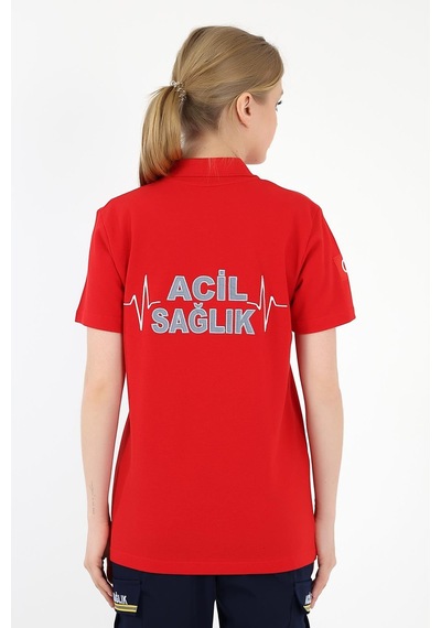 Acil Sağlık Yakalı Tshirt Kısa Kol - Kırmızı-12769 Kırmızı