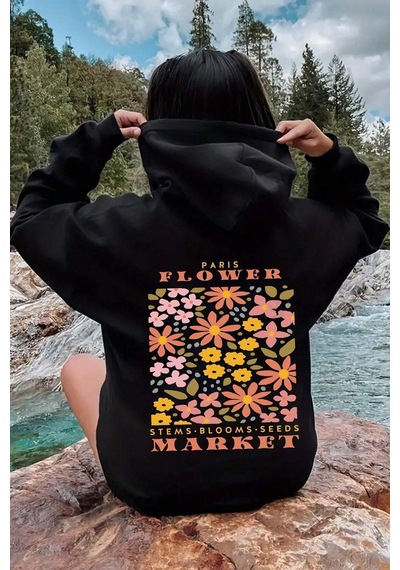 Flower Baskılı Oversize Sweatshirt Siyah