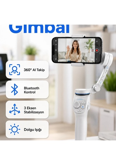3 Eksenli Akıllı Telefon Gimbali 360 Aı Takip, Bluetooth Kontrol Ve Dolgu Işığı