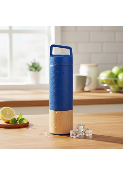 600 Ml Bambu Tabanlı Kulplu Çelik Termos Mug - 5 Renk Seçenekli Sıcak/soğuk Tutucu Seyahat Bardağı Mavi Çok Renkli