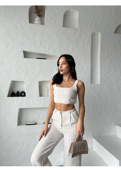 Eke Tekstil Camel Çizgili Crop Pantolon Keten Takım-camel Camel