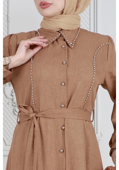 Sevitli İnci Çakım Önü Düğmeli Keten Elbise-camel-3615-camel Camel