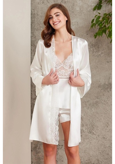 Pierre Cardin 7015 Kadın Dantelli Saten 4'lü Set-ekru