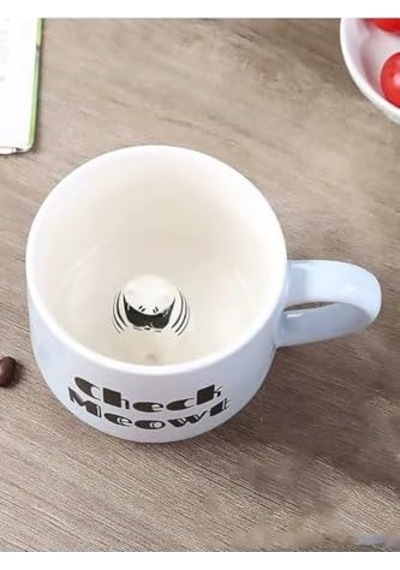 3d Kedi Figürlü Porselen Kupa Eğlenceli Yazılı Ve Sürprizli Tasarım, 350 Ml,mavi Açık Ahşap