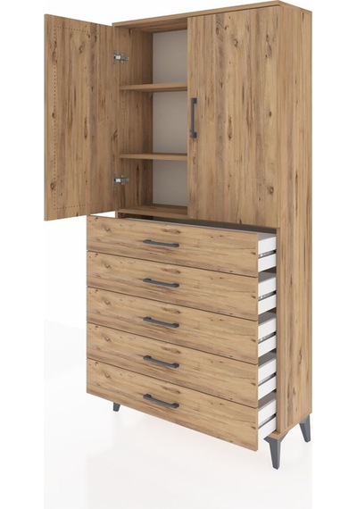Arges Dolap 3 Raflı 5 Çekmeceli 2 Kapaklı 88x30x182 Çam-çam Çam