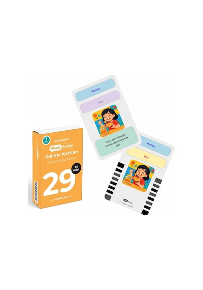 Bigibuddy WordsBuddy Türkçe İngilizce Kelime Kartları Besinler ve Mutfak 90 Kart 3’lü Set (BigiOne Cihaz Hariç)