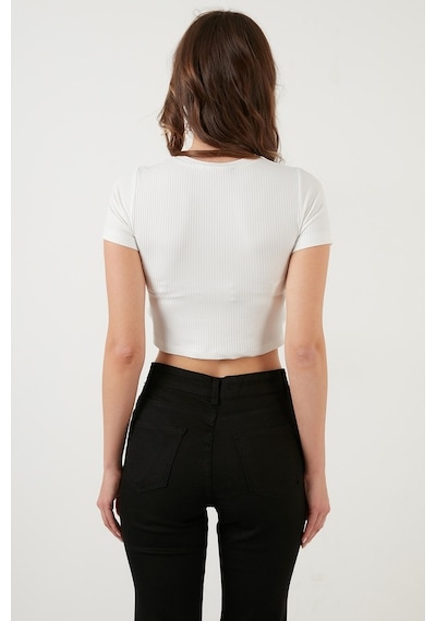 Lela Fitilli Bel Detaylı Kısa Kollu Dar Kesim Crop Bayan Bluz 5864211 Ekru
