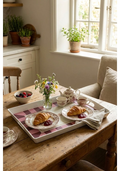 Makri Home Çizgili Desenli Servis Tepsisi 38x28x3,5 Cm, Bordo Bordo