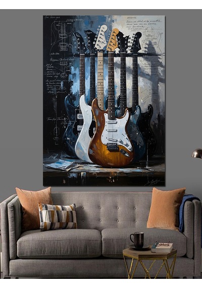 Ahşap Tablo Duvara Yaslanmış Dörtlü Gitar Seti