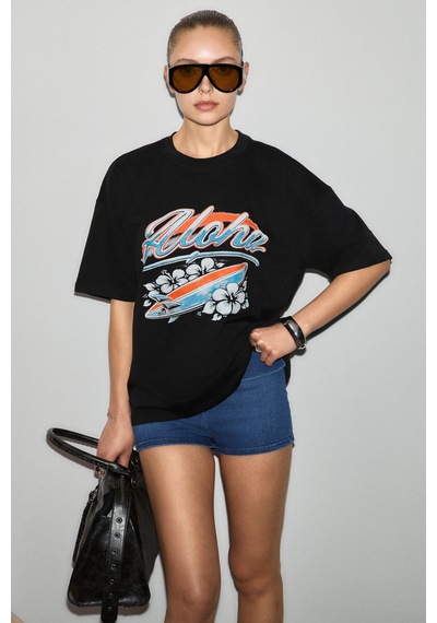 Grımelange Mechelena Kadın %100 Organik Pamuklu Yuvarlak Yakalı Baskılı Siyah T-shirt