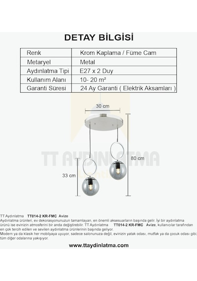 Tt014-2 Kr Tt Aydınlatma Krom Kaplama Füme Camlı 2 Li Avize