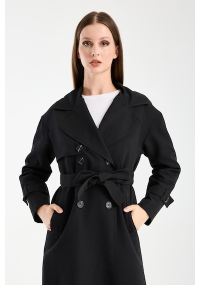 Oversize Rüzgarlık Detaylı Trençkot Siyah