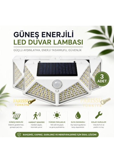 100 Led Solar Hareket Sensörlü Dış Mekan Bahçe Lambası 3 Adet