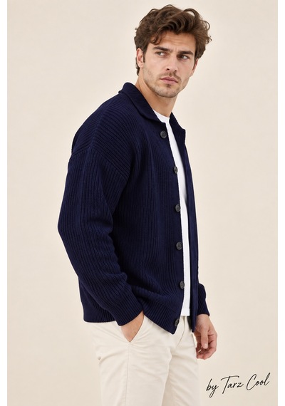 Tarz Cool Erkek Düğme Detaylı Regular Fit Hırka Lacivert