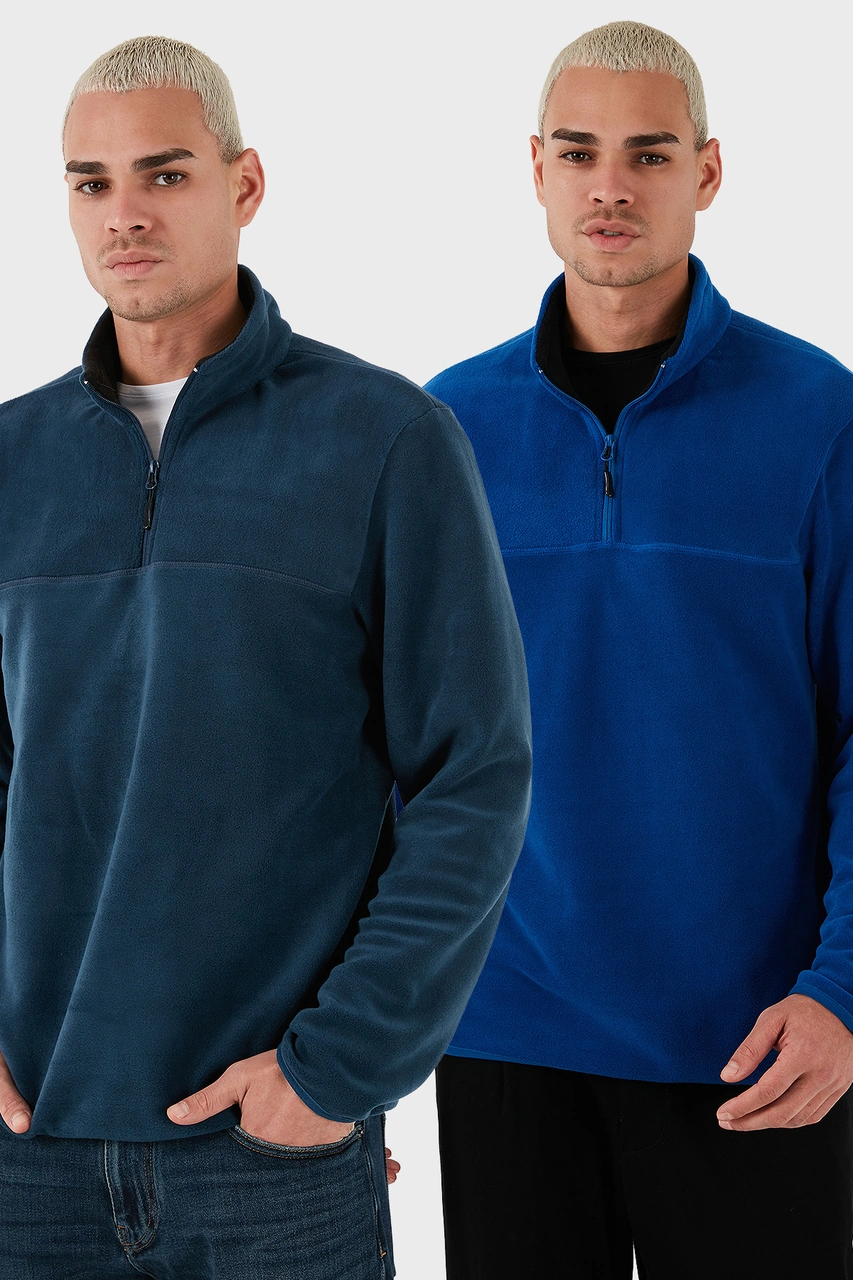 Buratti Regular Fit Anti-Pilling Tüylenme Yapmayan Dik Yaka Şardonlu 2'Li Paket Erkek Polar 5896700S2 Saks-Indigo