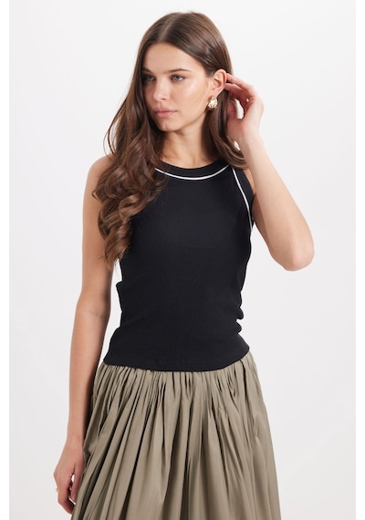 Tudors Kadın Slim Fit Dar Kesim Pamuklu Askılı Bisiklet Yaka Biyeli Siyah Crop Atlet-50980